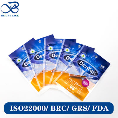 Saco de selagem de três lados de calibre fino para embalagem de fio dental com impressão de marca personalizada e design de orifício para pendurar.