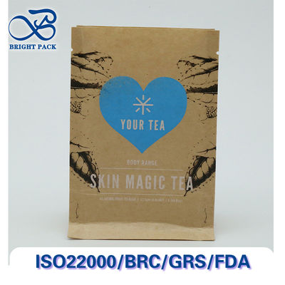Sacos de papel kraft selados de oito lados recicláveis e compostáveis para embalagem de chá com impressão e tamanhos personalizáveis.