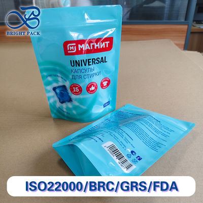 Sacos Stand Up à Prova de Vazamentos para Embalagem de Cápsulas de Lavanderia Espessura Personalizada Com Zíper Seguro para Crianças.